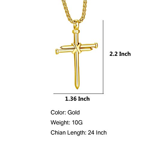 Collar con colgante de cruz de uñas de acero inoxidable para hombre con cadena de 24 pulgadas, oro negro pulido, plata