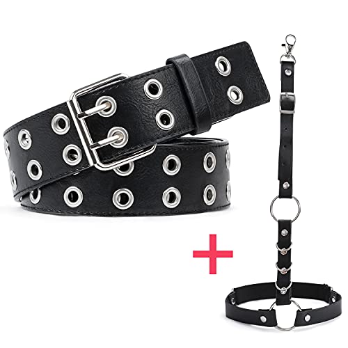 Cinturón de cuero con doble ojales y cadena desmontable para mujeres y hombres