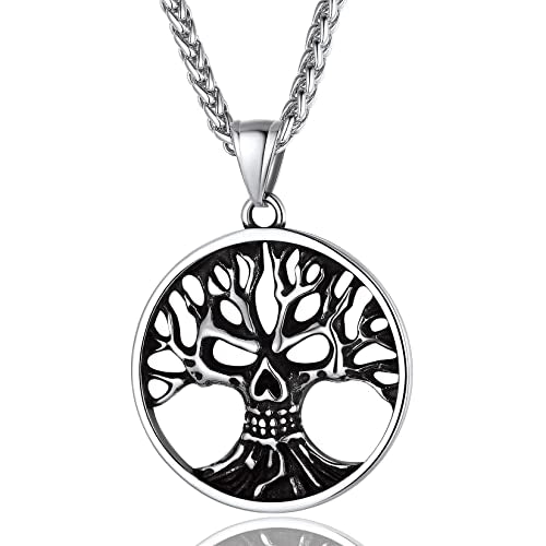 Collar de calavera para hombre, serpiente, árbol de la vida, etiqueta de perro de calavera