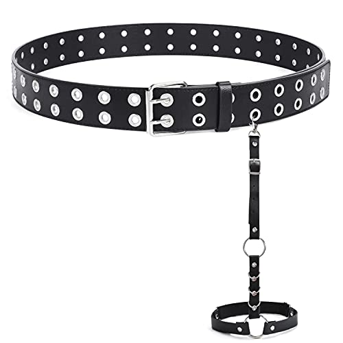 Cinturón de cuero con doble ojales y cadena desmontable para mujeres y hombres