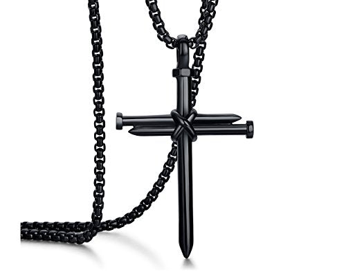 Collar con colgante de cruz de uñas de acero inoxidable para hombre con cadena de 24 pulgadas, oro negro pulido, plata