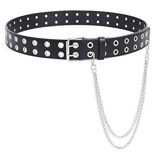 Cinturón de cuero con doble ojales y cadena desmontable para mujeres y hombres