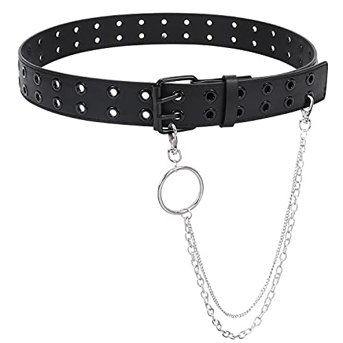 Cinturón de cuero con doble ojales y cadena desmontable para mujeres y hombres