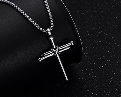 Collar con colgante de cruz de uñas de acero inoxidable para hombre con cadena de 24 pulgadas, oro negro pulido, plata