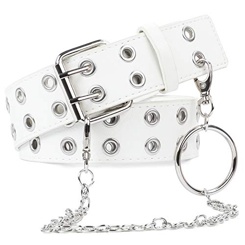Cinturón de cuero con doble ojales y cadena desmontable para mujeres y hombres