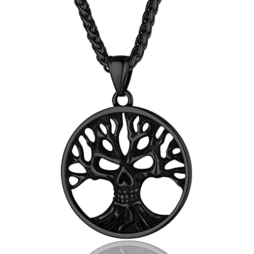 Collar de calavera para hombre, serpiente, árbol de la vida, etiqueta de perro de calavera