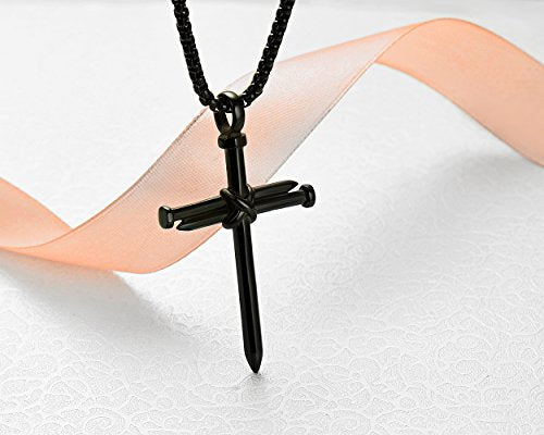 Collar con colgante de cruz de uñas de acero inoxidable para hombre con cadena de 24 pulgadas, oro negro pulido, plata