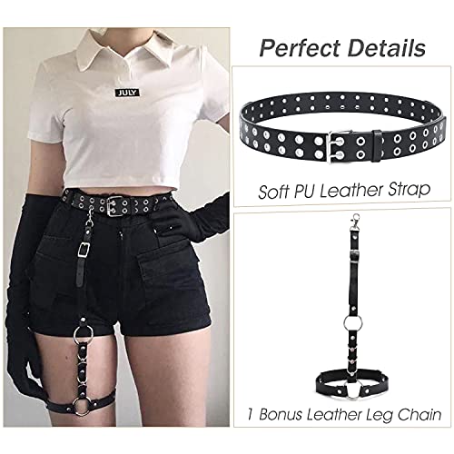 Cinturón de cuero con doble ojales y cadena desmontable para mujeres y hombres