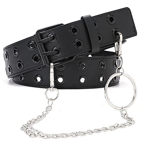 Cinturón de cuero con doble ojales y cadena desmontable para mujeres y hombres