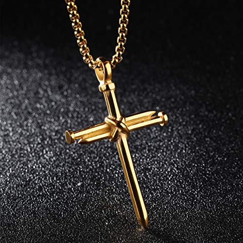 Collar con colgante de cruz de uñas de acero inoxidable para hombre con cadena de 24 pulgadas, oro negro pulido, plata