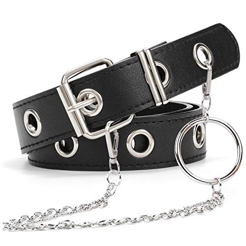 Cinturón de cuero con doble ojales y cadena desmontable para mujeres y hombres