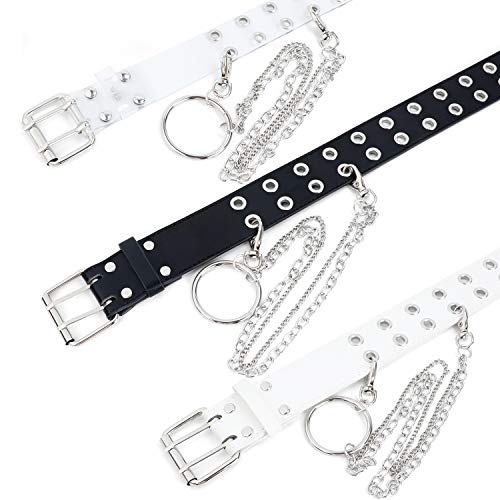 Cinturón de cuero con doble ojales y cadena desmontable para mujeres y hombres