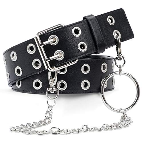 Cinturón de cuero con doble ojales y cadena desmontable para mujeres y hombres