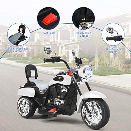 Costzon Kids Ride on Chopper Motocicleta, Triciclo de motocicleta alimentado por batería de 6 V con bocina, faro, interruptor de avance/retroceso, certificación ASTM, 3 ruedas de paseo en juguetes para niños y niñas regalo (blanco)