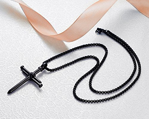 Collar con colgante de cruz de uñas de acero inoxidable para hombre con cadena de 24 pulgadas, oro negro pulido, plata