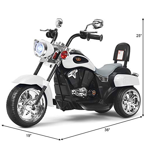 Costzon Kids Ride on Chopper Motocicleta, Triciclo de motocicleta alimentado por batería de 6 V con bocina, faro, interruptor de avance/retroceso, certificación ASTM, 3 ruedas de paseo en juguetes para niños y niñas regalo (blanco)