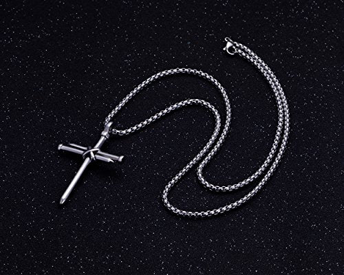 Collar con colgante de cruz de uñas de acero inoxidable para hombre con cadena de 24 pulgadas, oro negro pulido, plata
