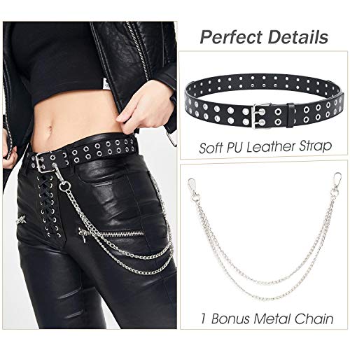 Cinturón de cuero con doble ojales y cadena desmontable para mujeres y hombres