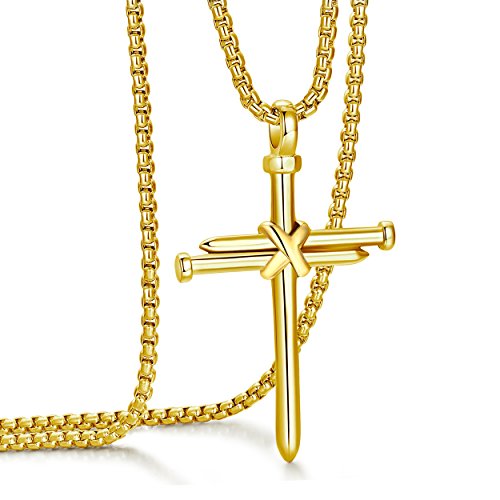 Collar con colgante de cruz de uñas de acero inoxidable para hombre con cadena de 24 pulgadas, oro negro pulido, plata