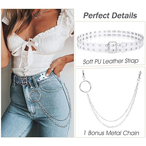 Cinturón de cuero con doble ojales y cadena desmontable para mujeres y hombres