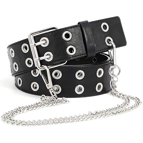 Cinturón de cuero con doble ojales y cadena desmontable para mujeres y hombres