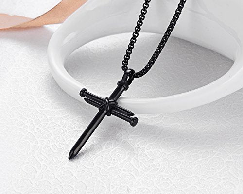 Collar con colgante de cruz de uñas de acero inoxidable para hombre con cadena de 24 pulgadas, oro negro pulido, plata