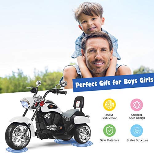 Costzon Kids Ride on Chopper Motocicleta, Triciclo de motocicleta alimentado por batería de 6 V con bocina, faro, interruptor de avance/retroceso, certificación ASTM, 3 ruedas de paseo en juguetes para niños y niñas regalo (blanco)