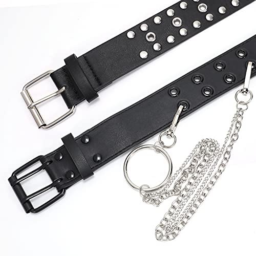 Cinturón de cuero con doble ojales y cadena desmontable para mujeres y hombres