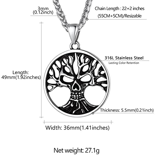 Collar de calavera para hombre, serpiente, árbol de la vida, etiqueta de perro de calavera