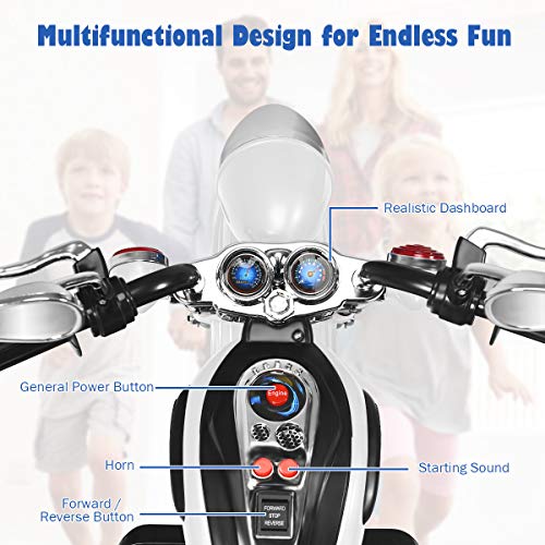 Costzon Kids Ride on Chopper Motocicleta, Triciclo de motocicleta alimentado por batería de 6 V con bocina, faro, interruptor de avance/retroceso, certificación ASTM, 3 ruedas de paseo en juguetes para niños y niñas regalo (blanco)