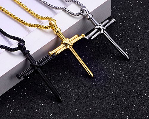 Collar con colgante de cruz de uñas de acero inoxidable para hombre con cadena de 24 pulgadas, oro negro pulido, plata