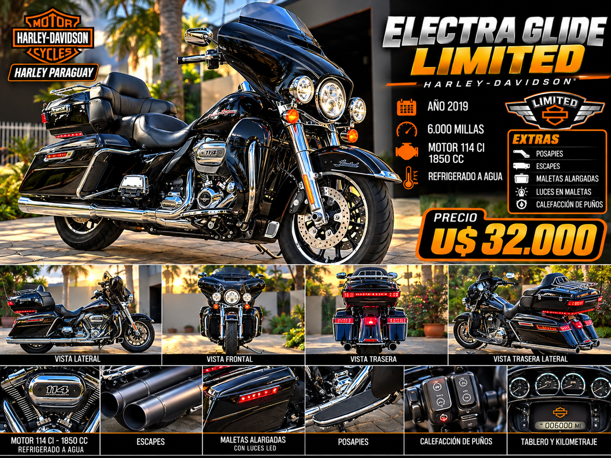 2019 Electra glide limited 6.000 millas
Motor 114 CI, 1850 CC
REFRIGERADO A AGUA