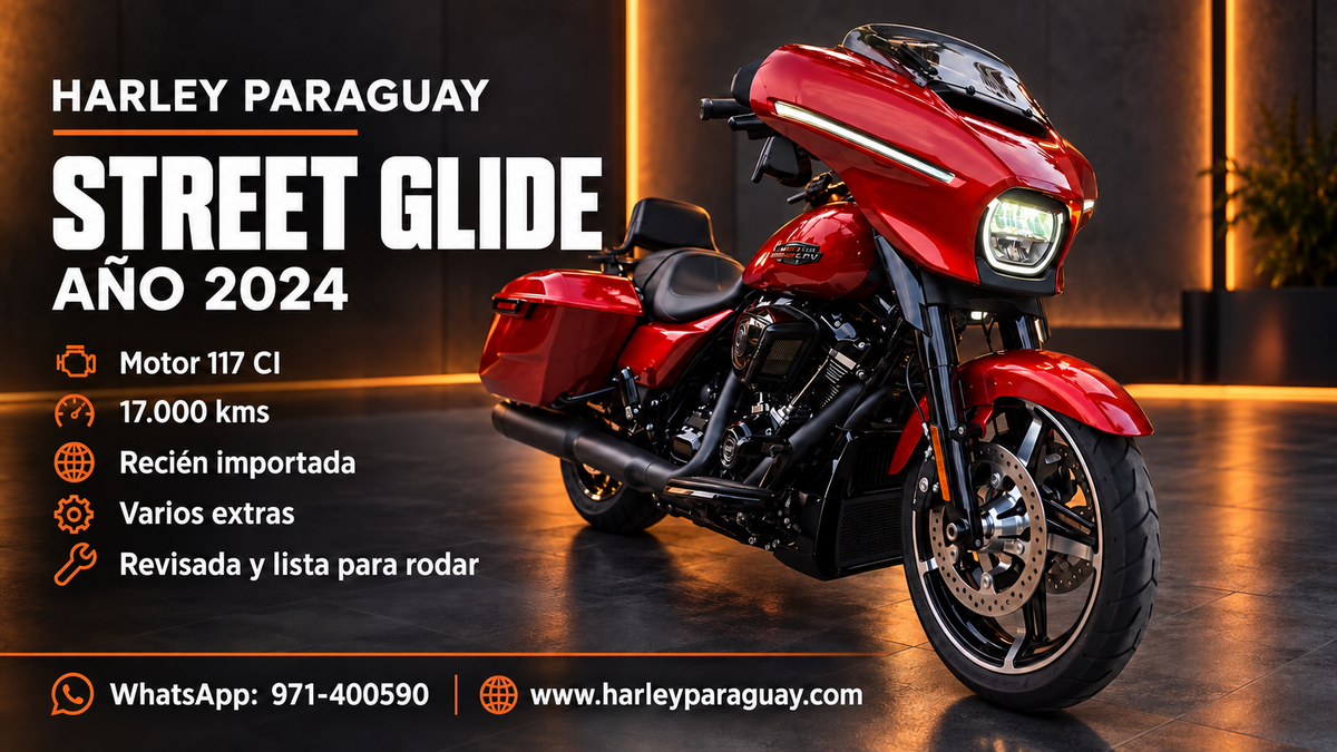 Street glide 
Año 2024
Motor 117 CI
Recien importada
Varios extras
17.000 kms
Revisada y lista para rodar