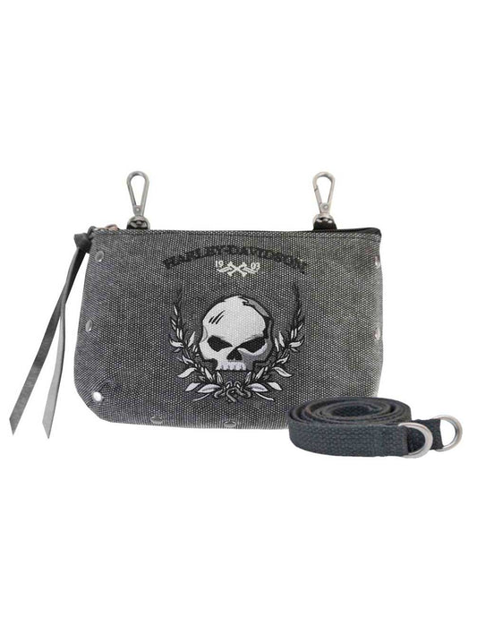 Harley-Davidson Women's Skull Distressed Denim Hip Bag w/ Strap WDD5350-BLACK, Harley Davidson