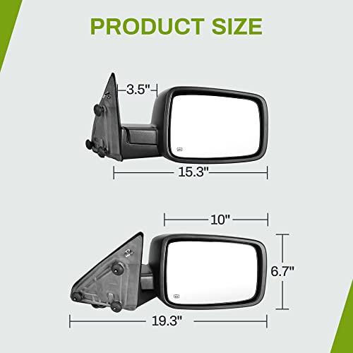Espejo para Dodge Ram 2009-2018 de tamaño completo derecho e izquierdo, calefacción, con señal y luz de charco, espejo de ala plegable