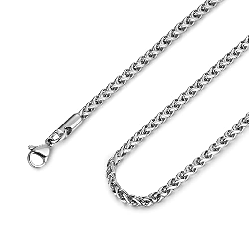 Collares de cadena plateada de acero inoxidable con diseño de espiga de 3.0 milímetros para hombres y mujeres de 16 -30 pulgadas