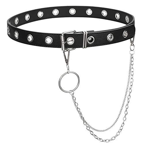 Cinturón de cuero con doble ojales y cadena desmontable para mujeres y hombres