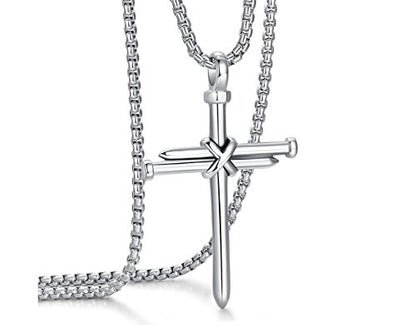 Collar con colgante de cruz de uñas de acero inoxidable para hombre con cadena de 24 pulgadas, oro negro pulido, plata