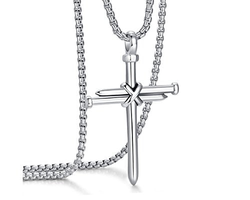 Collar con colgante de cruz de uñas de acero inoxidable para hombre con cadena de 24 pulgadas, oro negro pulido, plata