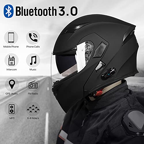 ILM Bluetooth Motorcycle Helmet Modular Flip up Full Face Dual Visor Mp3 Intercom FM Radio DOT Approved Model 902BT(Matte Black, Large)