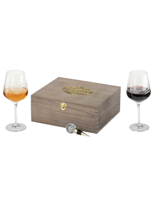 Harley-Davidson Premium Wine Gift Set - Two Wine Glasses, Stopper & Storage Box, Harley Davidson
