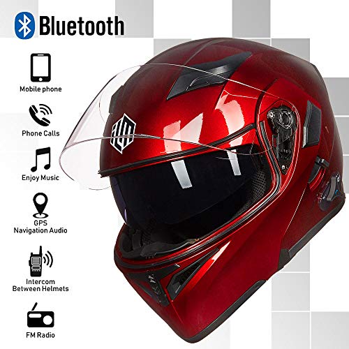 ILM Bluetooth Motorcycle Helmet Modular Flip up Full Face Dual Visor Mp3 Intercom FM Radio DOT Approved Model 902BT(Matte Black, Large)