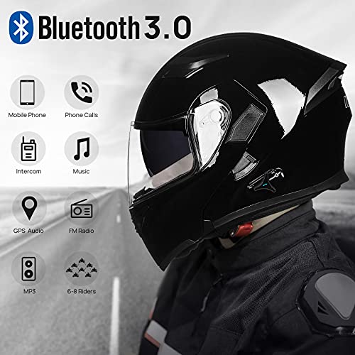 ILM Bluetooth Motorcycle Helmet Modular Flip up Full Face Dual Visor Mp3 Intercom FM Radio DOT Approved Model 902BT(Matte Black, Large)
