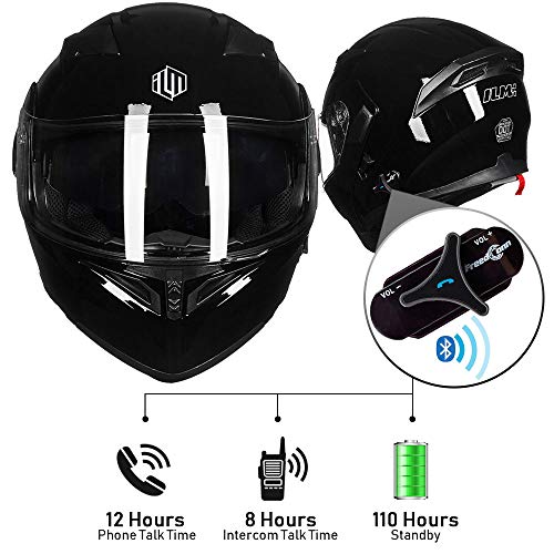 ILM Bluetooth Motorcycle Helmet Modular Flip up Full Face Dual Visor Mp3 Intercom FM Radio DOT Approved Model 902BT(Matte Black, Large)