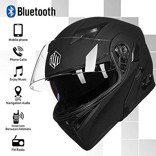 ILM Bluetooth Motorcycle Helmet Modular Flip up Full Face Dual Visor Mp3 Intercom FM Radio DOT Approved Model 902BT(Matte Black, Large)