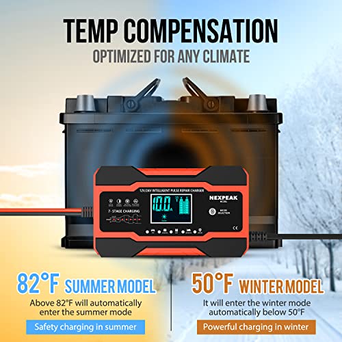 Cargador de batería de 10 amperios, 12 V y 24 V, cargador de batería inteligente totalmente automático, cargador de goteo con compensación de temperatura para auto motocicleta,