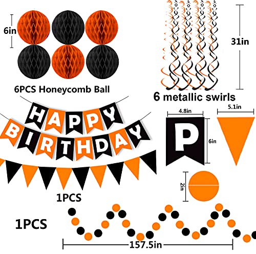 Pancarta de feliz cumpleaños de color negro y naranja con banderines de papel triangular, banderines circulares de confeti para colgar guirnaldas y espirales de bola de panal para cumpleaños, baby shower,