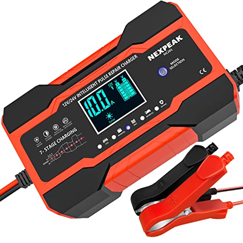 Cargador de batería de 10 amperios, 12 V y 24 V, cargador de batería inteligente totalmente automático, cargador de goteo con compensación de temperatura para auto motocicleta,