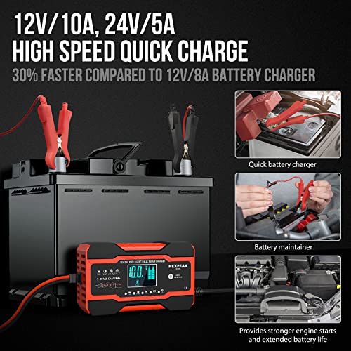 Cargador de batería de 10 amperios, 12 V y 24 V, cargador de batería inteligente totalmente automático, cargador de goteo con compensación de temperatura para auto motocicleta,