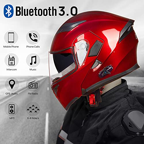 ILM Bluetooth Motorcycle Helmet Modular Flip up Full Face Dual Visor Mp3 Intercom FM Radio DOT Approved Model 902BT(Matte Black, Large)
